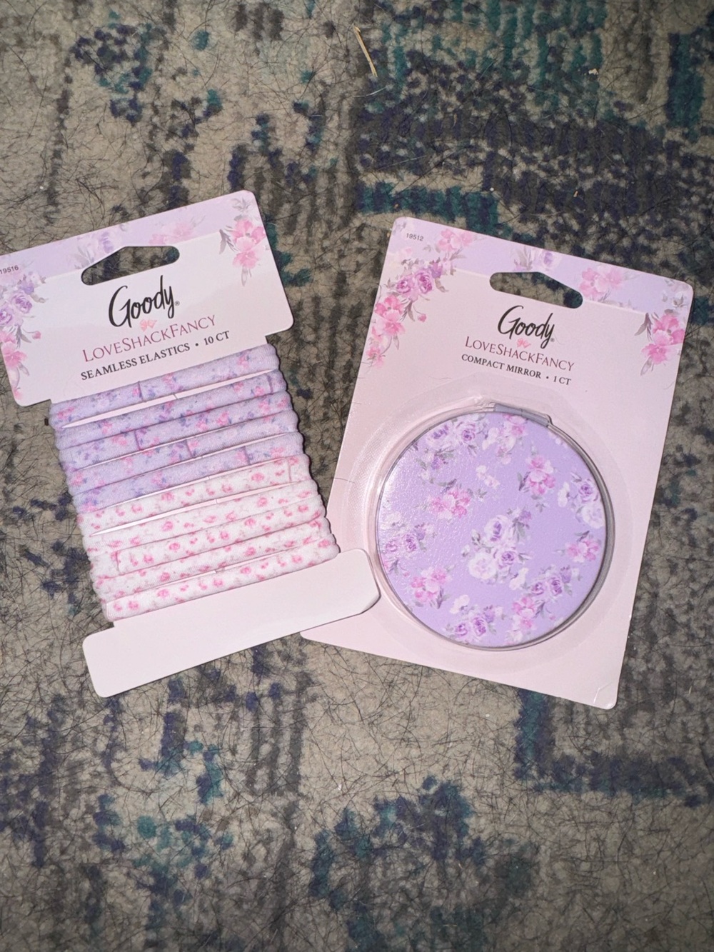 Love Shack Fancy Lavender Floral Compact Mirror & Seamless Elastics Rubber Bands